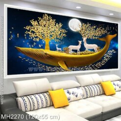 M-H2270 Tranh thêu chữ thập Hươu Thần Tài màu vàng trên thuyền kích thước lơn 120x55 cm