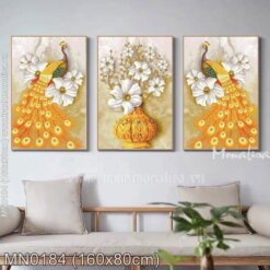 Tranh thêu Đôi công vàng và bình hoa (3 bức) (MN0184)